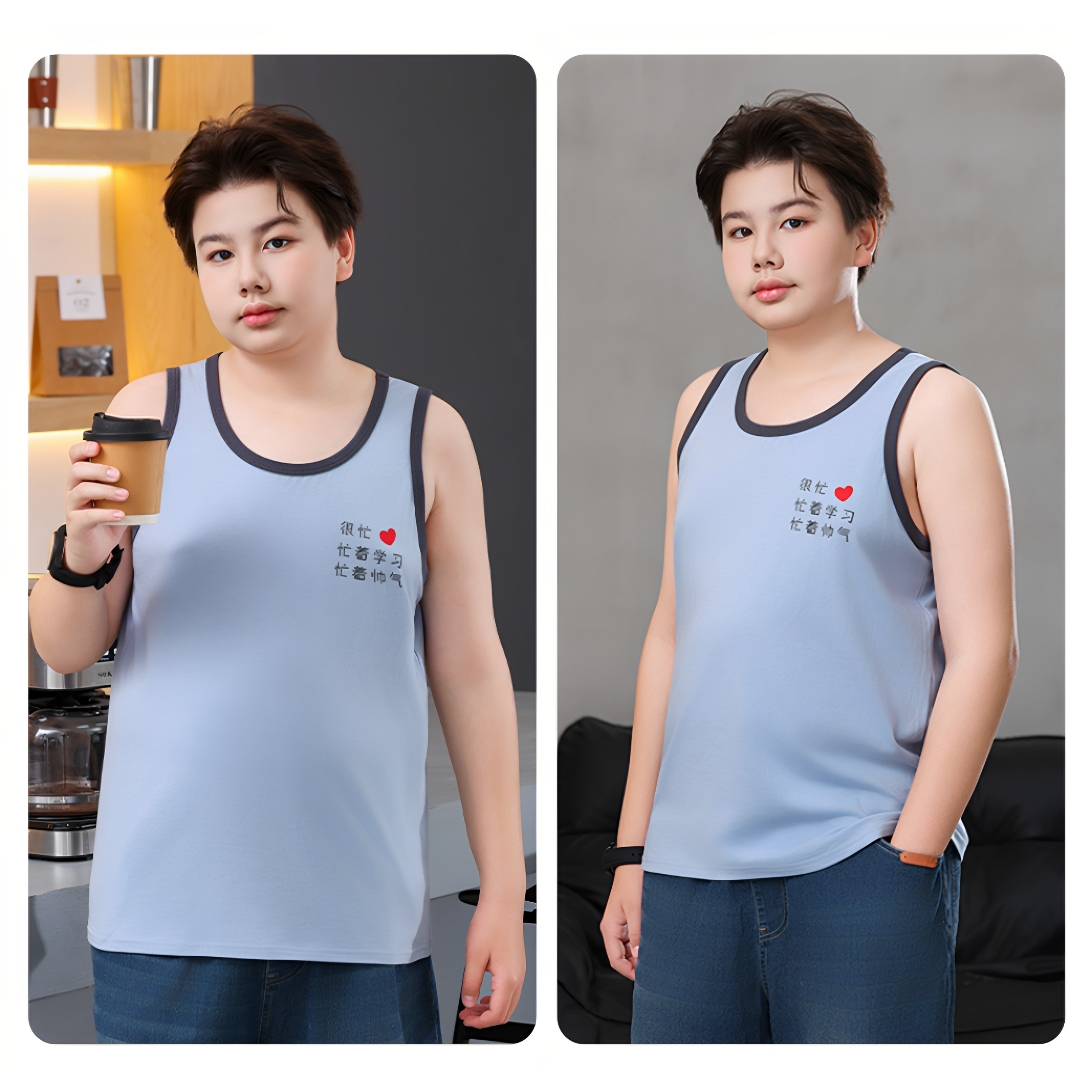 儿童背心青少年男童莱卡棉中大童跨栏胖童学生夏纯棉打底无袖上衣