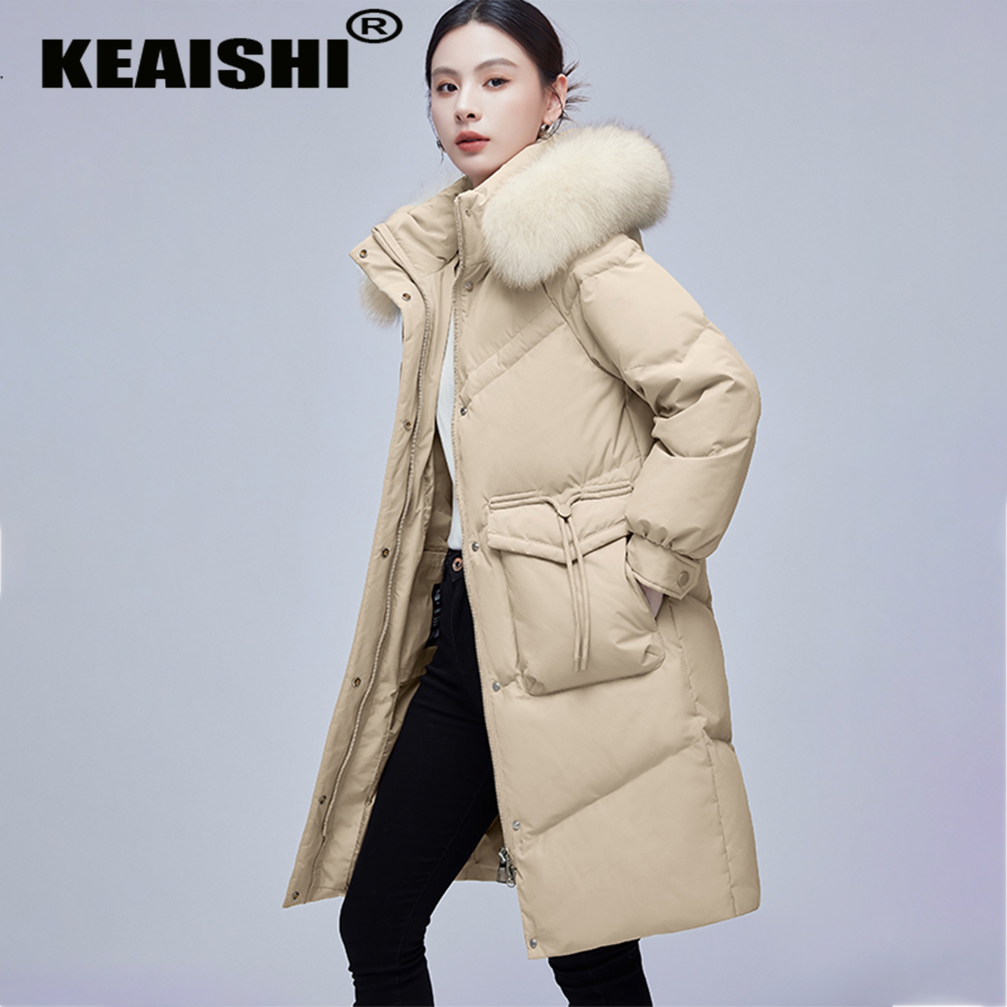 KEAISHI轻奢高端品牌狐狸毛领羽绒服女冬季2025新款保暖中长外套