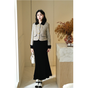 徐开开 富家千金丝绒领闪银金扣小香外套(羽绒版)+高腰显瘦丝绒裙