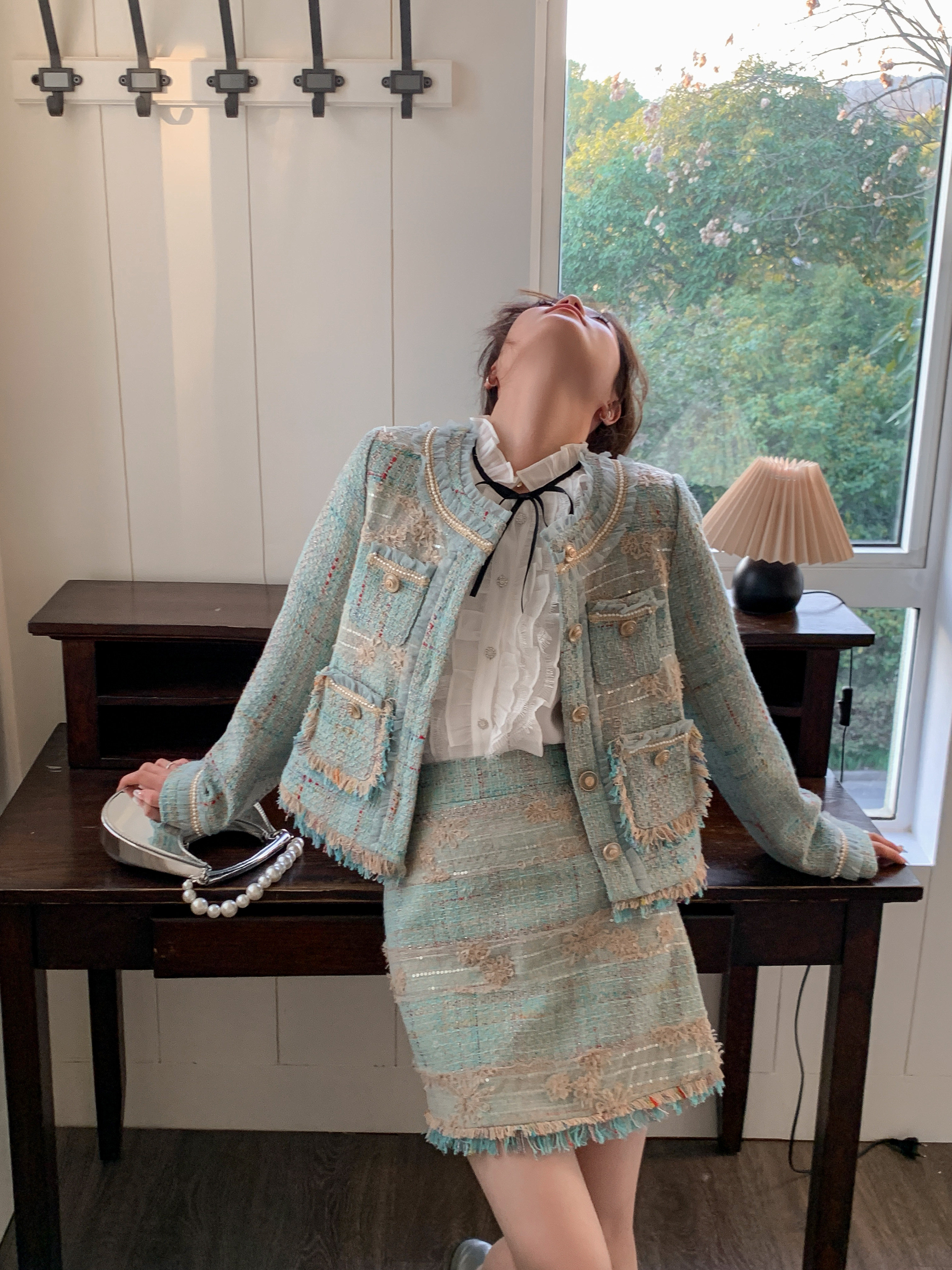 徐开开 蕾丝毛边流苏女套装优雅蓝绿色/樱花粉小香风法式短款套装,女装/女士精品,时尚套装,淘宝优惠券,粉丝福利购,淘宝优惠卷