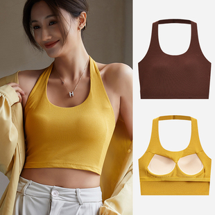 莫代尔带胸垫吊带女露背个性 露脐上衣内搭防走光抹胸 挂脖背心短款