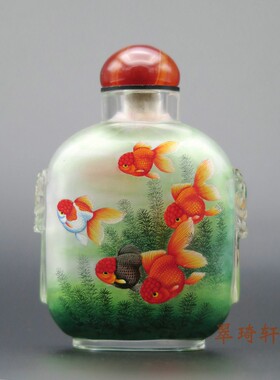 北京鼻烟壶 翠琦轩内画  方兽头内画鼻烟壶 绿底金鱼 年年有余