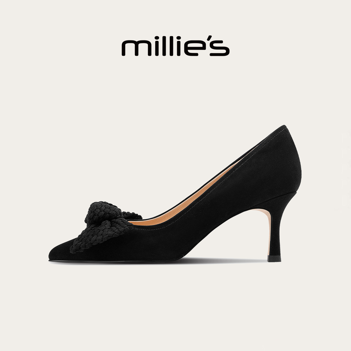 MILLIE'S/妙丽名媛风浅口单鞋女2026春夏季黑色高跟鞋设计感女鞋