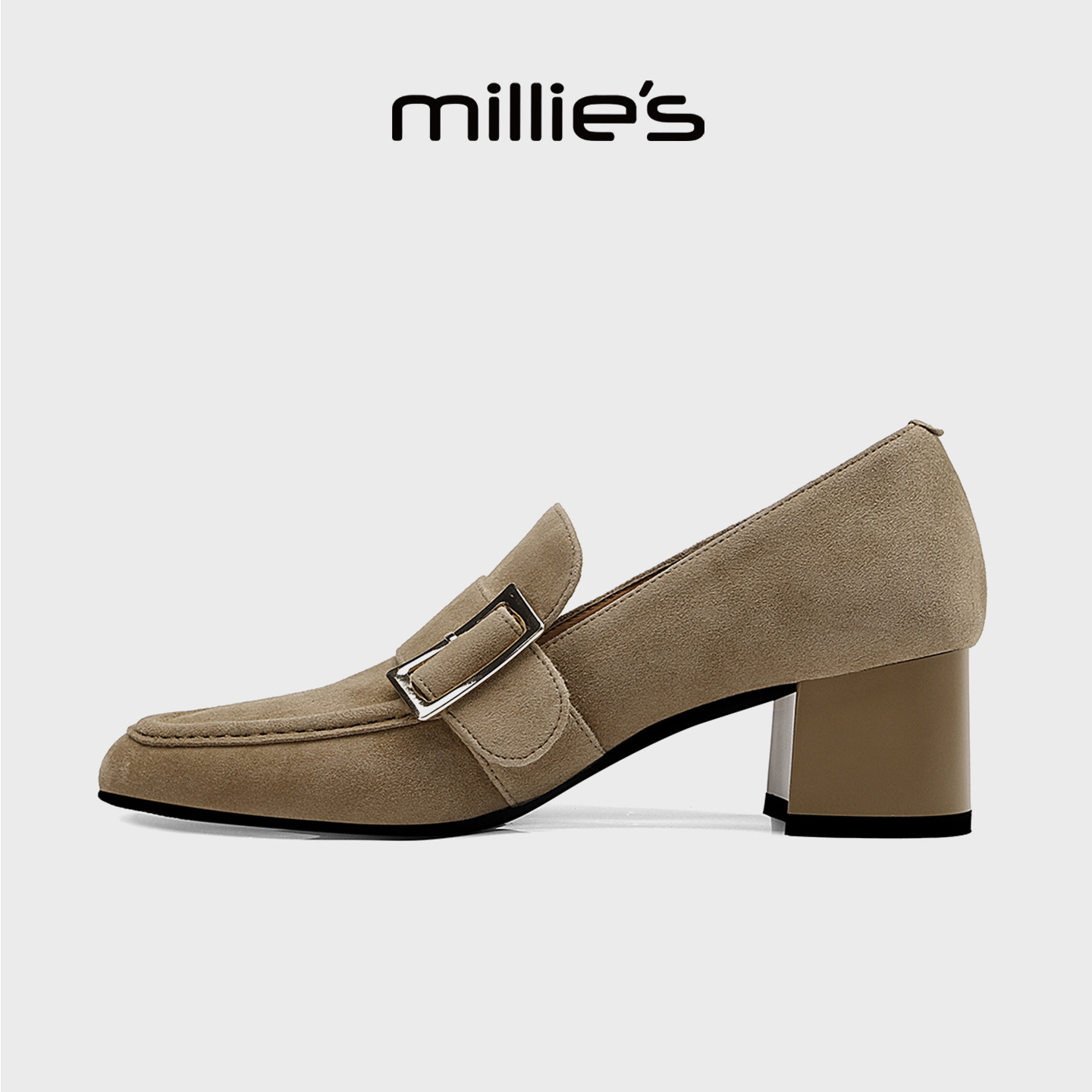 MILLIE'S/妙丽复古风反绒皮乐福鞋女款粗跟深口单鞋一脚蹬通勤鞋