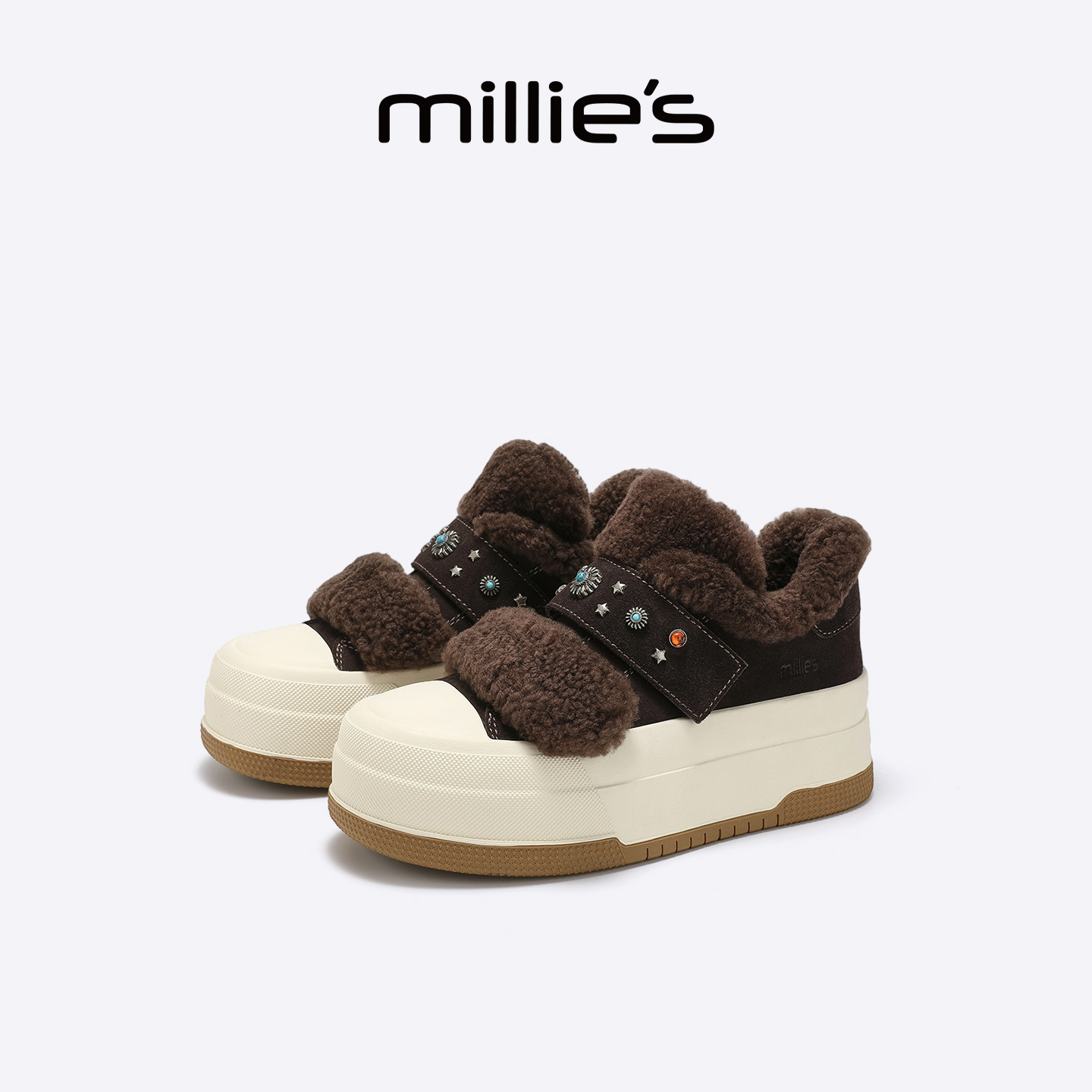 MILLIE'S/妙丽真皮厚底冬季新款加绒保暖毛毛鞋棉鞋运动休闲板鞋