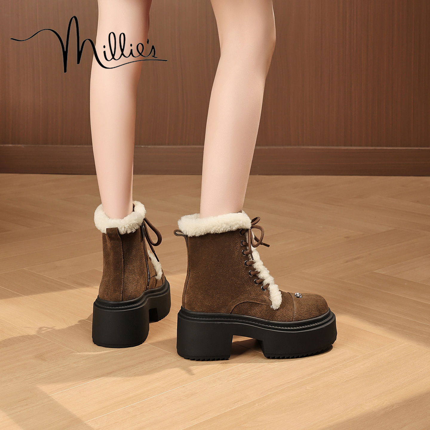 millies妙丽女鞋秋冬新款厚底松糕机车靴女系带马丁靴加绒骑士靴