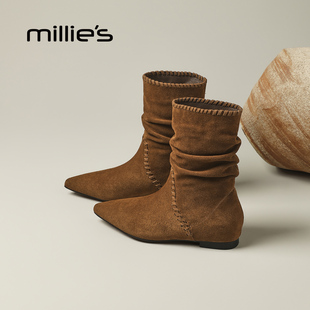 MILLIE'S/妙丽棕色短靴女款新款冬季加绒中筒内增高尖头平底靴子