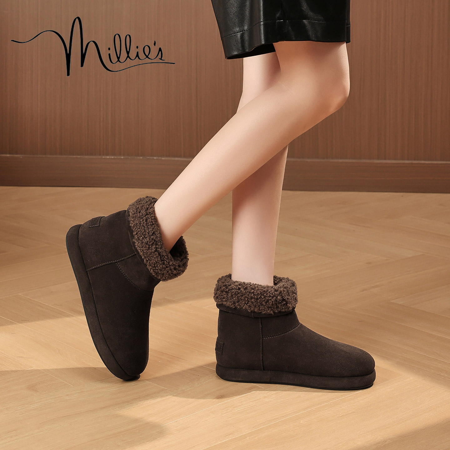 MILLIE'S/妙丽雪地靴女冬季皮毛一体加绒保暖短筒毛毛鞋棉鞋