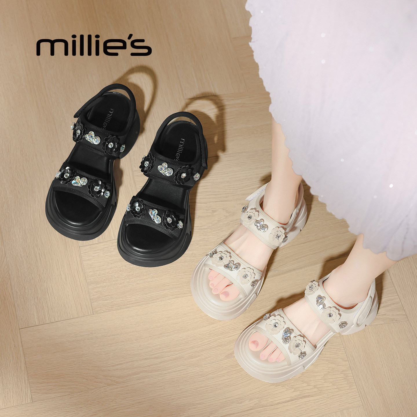 MILLIE'S/妙丽增高休闲凉鞋女2026夏季新款黑色魔术贴松糕底女鞋