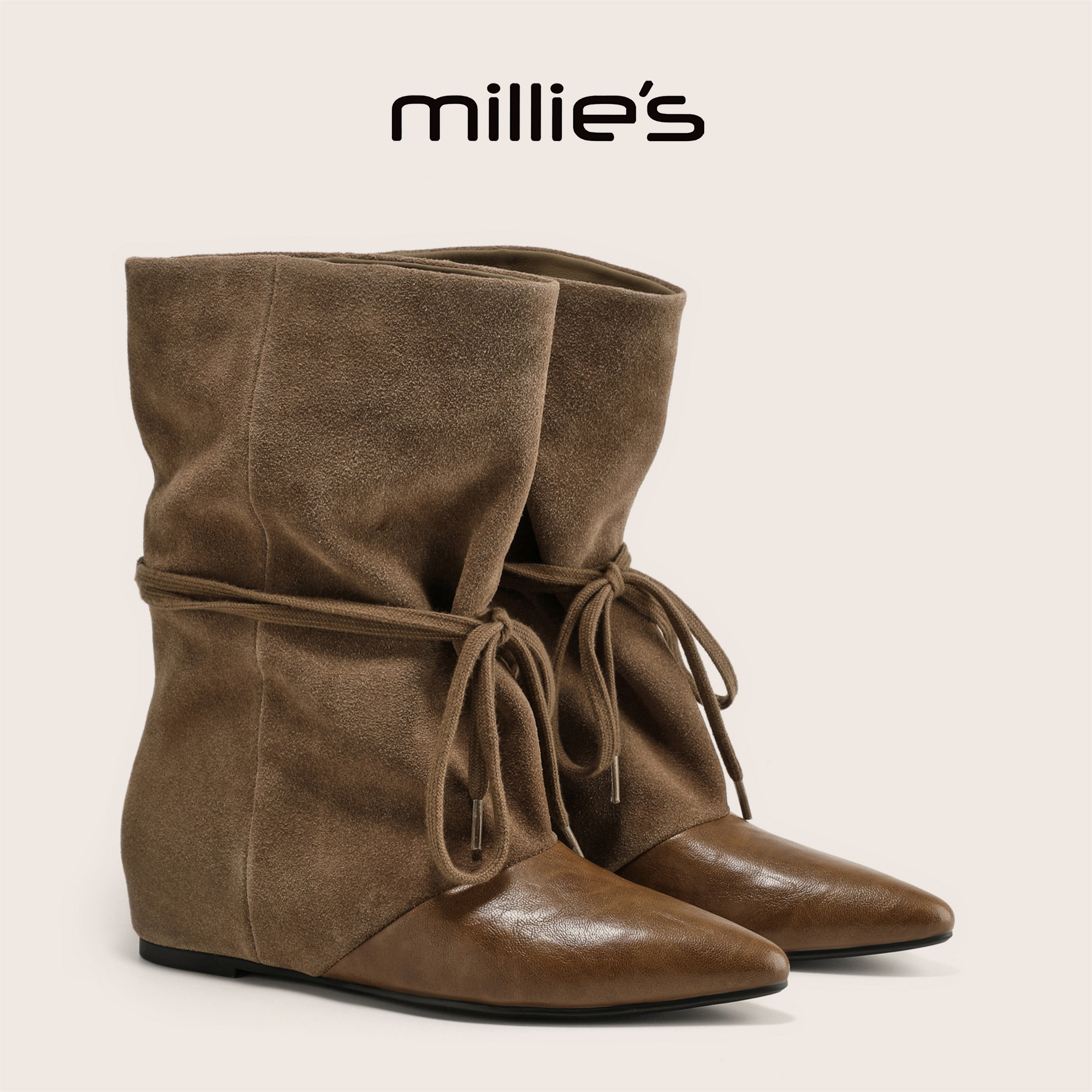 MILLIE'S/妙丽官方旗舰店反绒皮拼接时装靴女秋季绑带尖头堆堆靴C