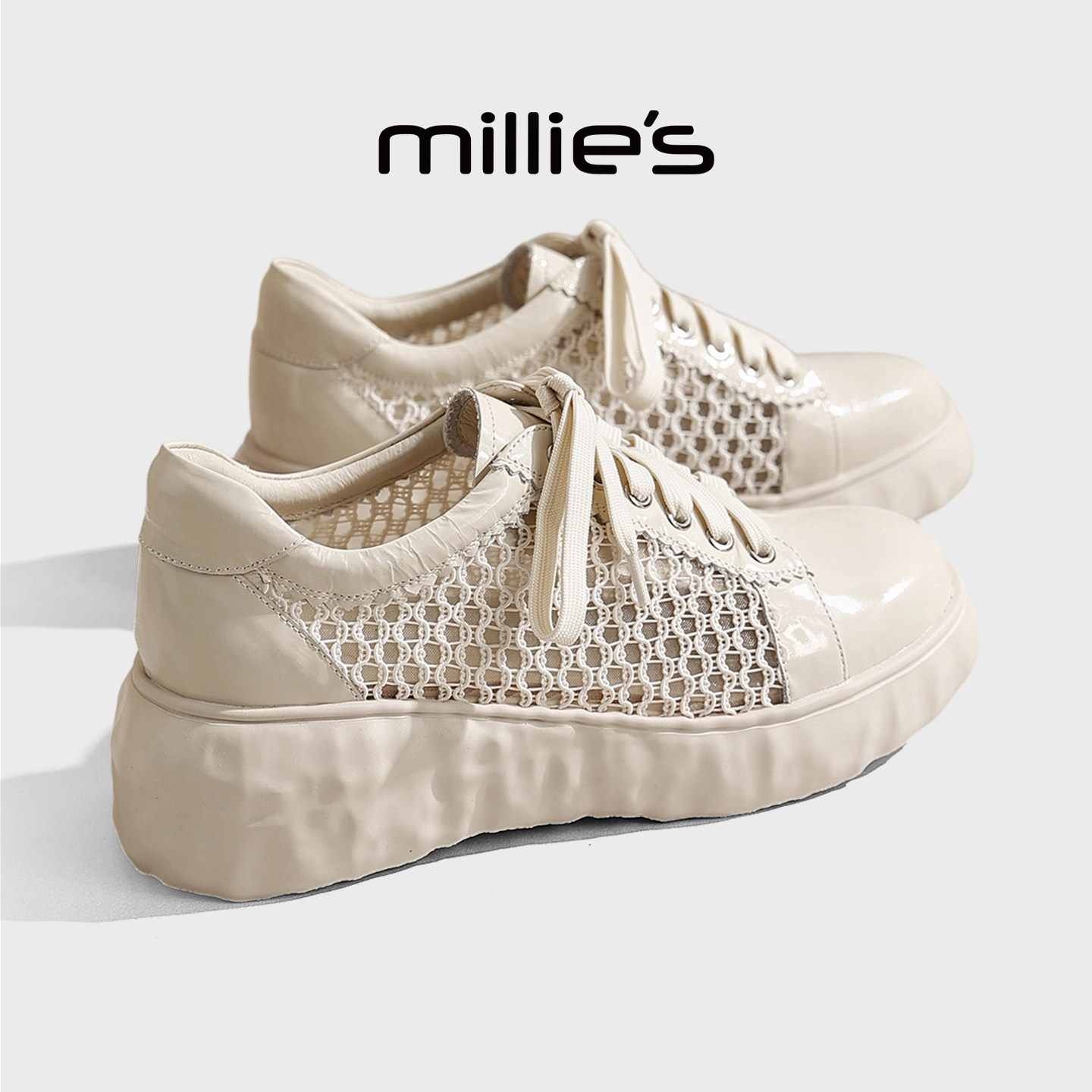 MILLIE'S/妙丽厚底女鞋2026新款镂空网面透气小个子增高松糕鞋