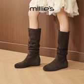 MILLIE 厚底内增高长筒靴瘦瘦靴 冬季 妙丽加绒弹力靴女2026新款