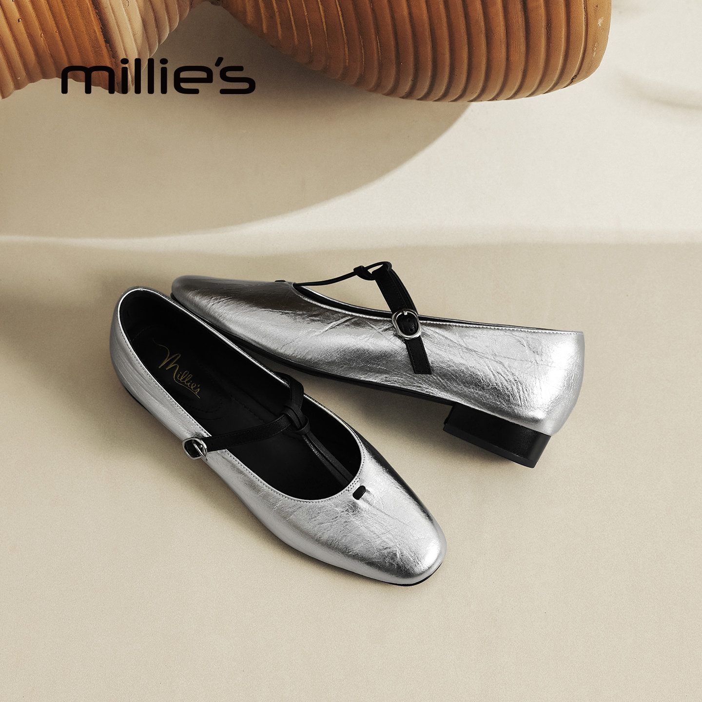 MILLIE'S/妙丽银色方头玛丽珍鞋女一字扣带芭蕾舞鞋平底单鞋,女鞋,玛丽珍鞋,淘宝优惠券,粉丝福利购,淘宝优惠卷