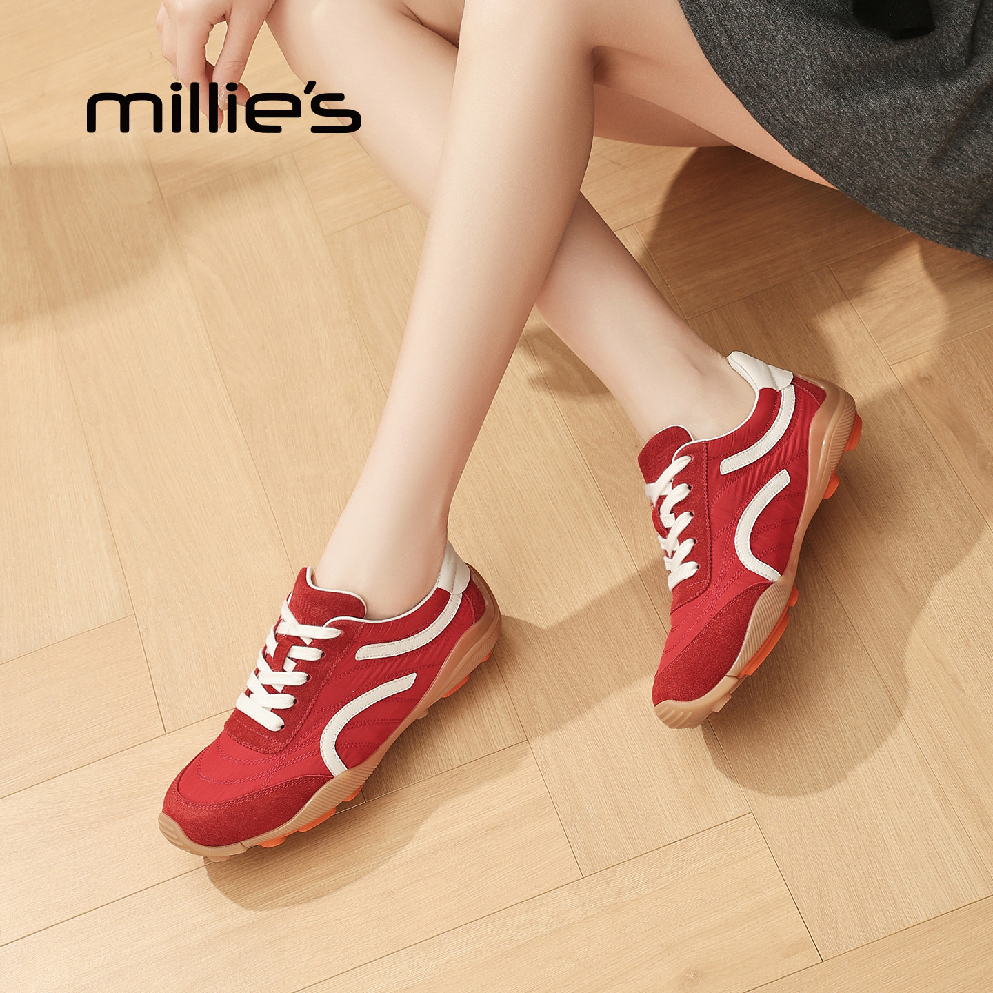 MILLIE'S/妙丽复古红色德训鞋女2026新款夏季厚底百搭休闲运动鞋