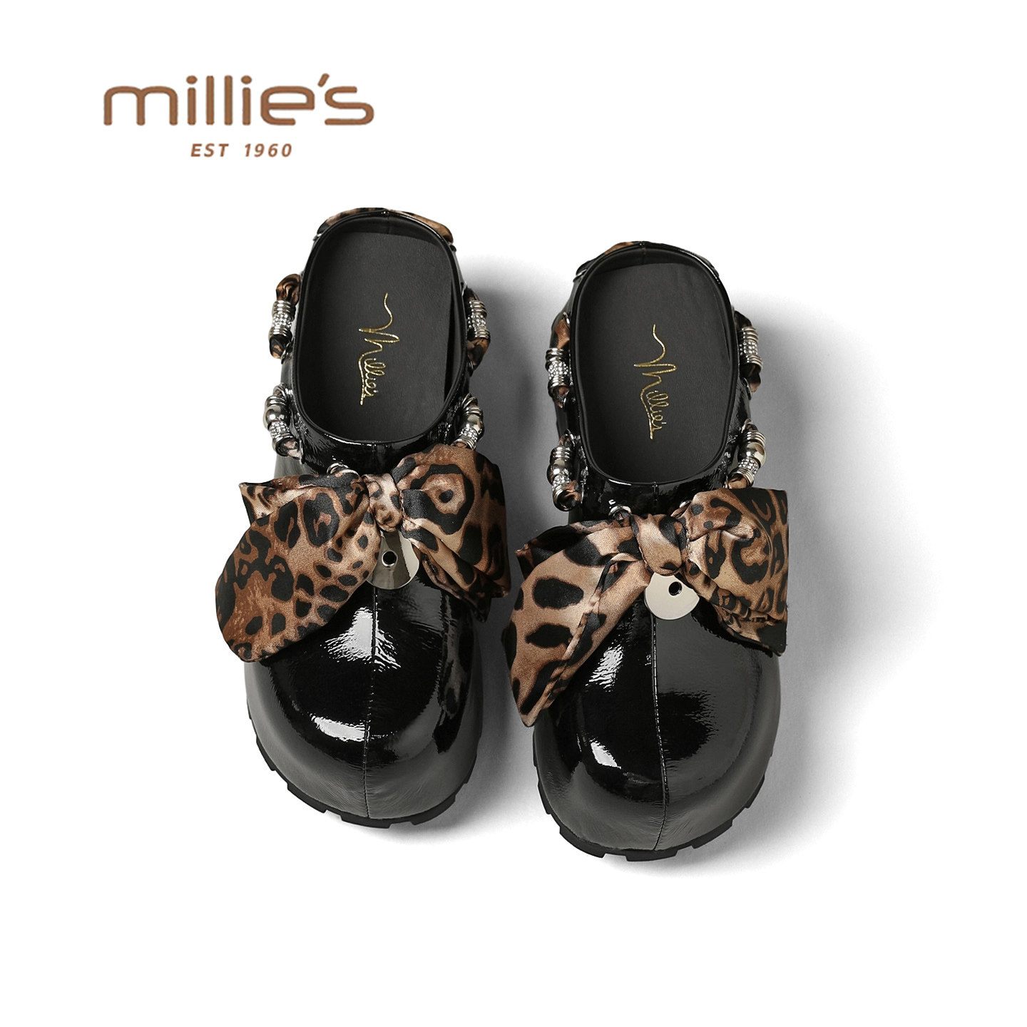 MILLIE'S/妙丽豹纹蝴蝶结厚底包头拖鞋黑色漆皮勃肯鞋外穿半拖鞋