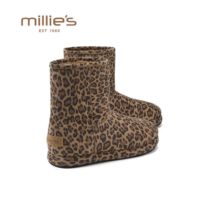 MILLIE'S/妙丽豹纹雪地靴女2025冬季新款加绒保暖厚底短靴马丁靴