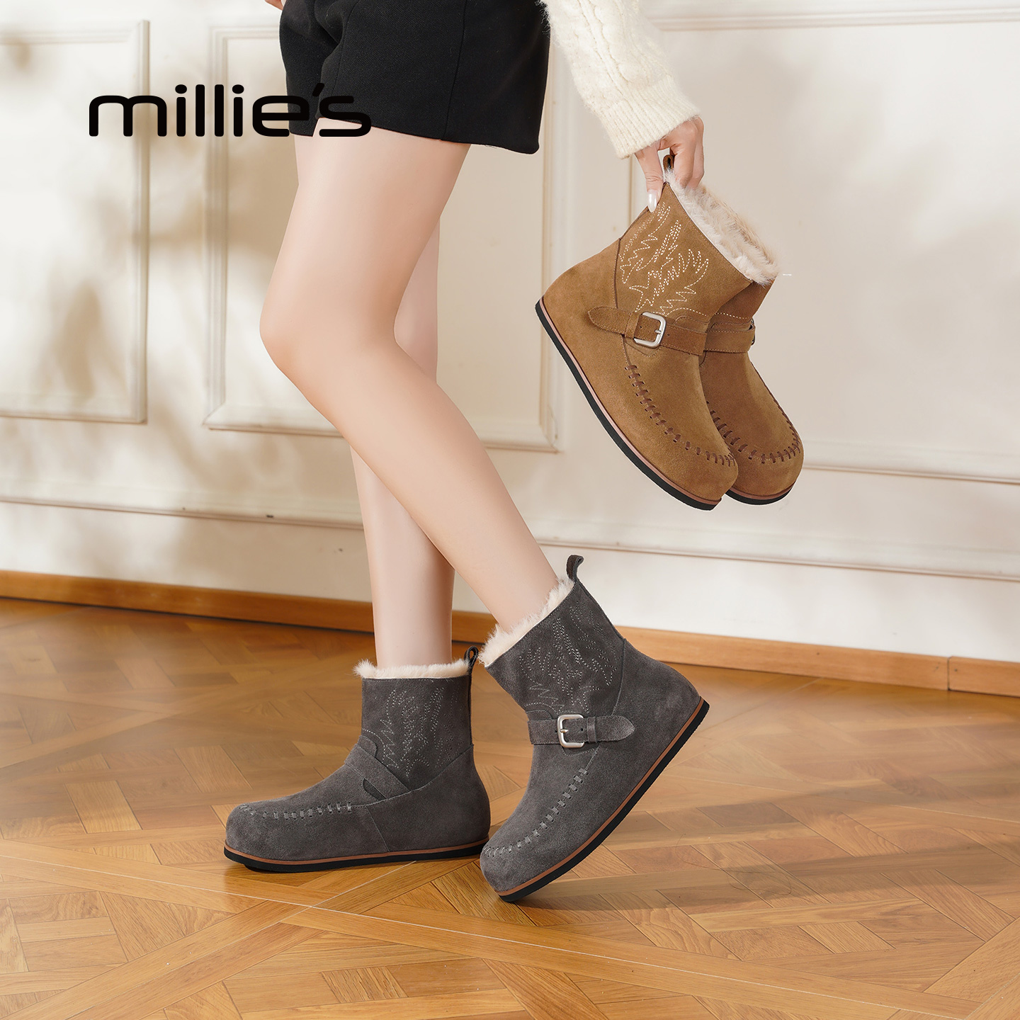 MILLIE S/妙丽舒适拼接雪地靴女士冬季保暖皮毛一体设计防滑短靴