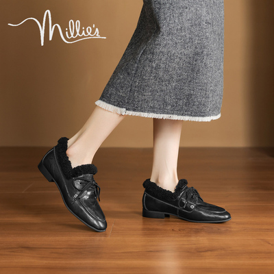 妙丽毛毛鞋女2025新款棉鞋女款冬季加绒一脚蹬小皮鞋毛茸茸乐福鞋