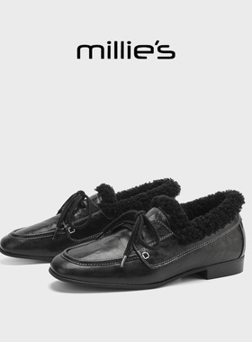 MILLIE'S/妙丽真皮加绒小皮鞋女冬季英伦风保暖黑色豆豆鞋乐福鞋