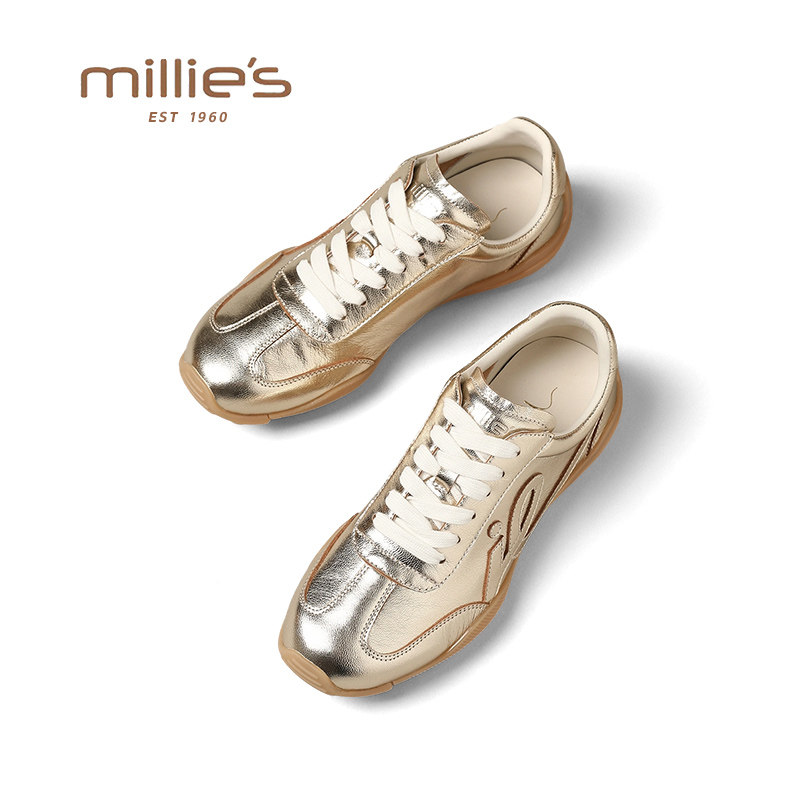 MILLIE'S/妙丽金色德训鞋女春夏复古百搭休闲系带软底舒适运动鞋