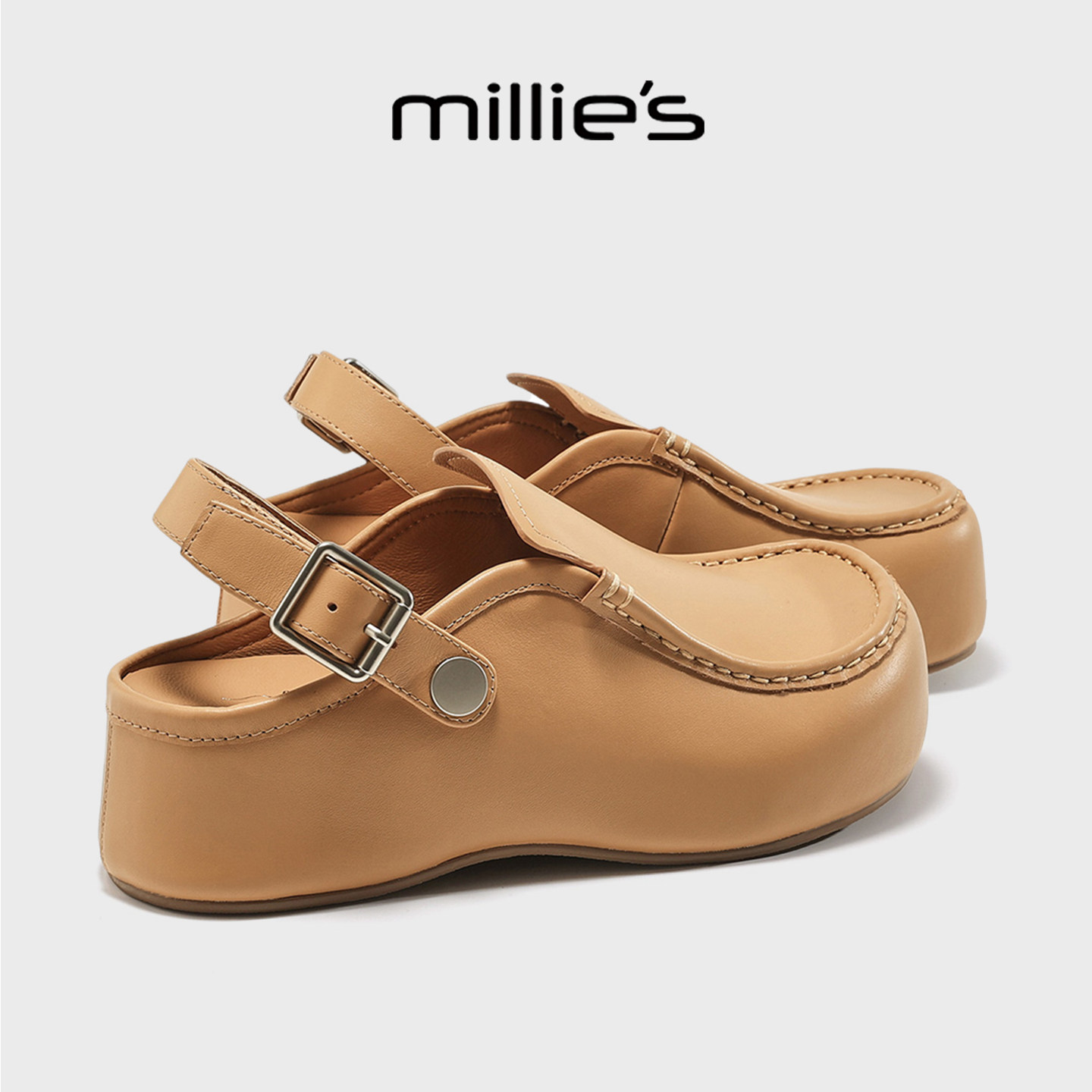 MILLIE'S/妙丽真皮厚底勃肯鞋女款春季外穿包头拖鞋一脚蹬懒人鞋