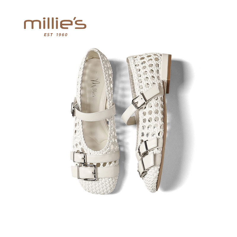MILLIE'S/妙丽镂空编织玛丽珍鞋女春季复古皮带扣平底时尚百搭