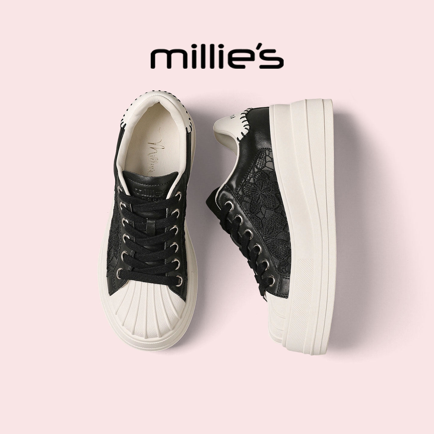 MILLIE'S/妙丽黑色厚底鞋女2026新款夏季巨好看休闲板鞋增高蕾丝