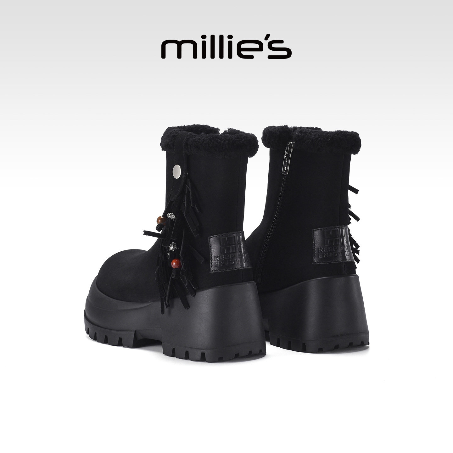 MILLIE'S/妙丽民族风流苏厚底雪地靴女加绒保暖毛毛短靴时尚棉鞋