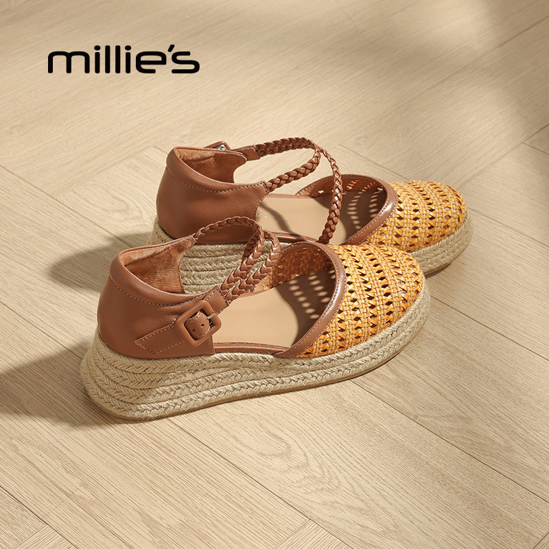 millies妙丽凉鞋女夏季新款外穿厚底手工编织包头凉鞋不累脚坡跟