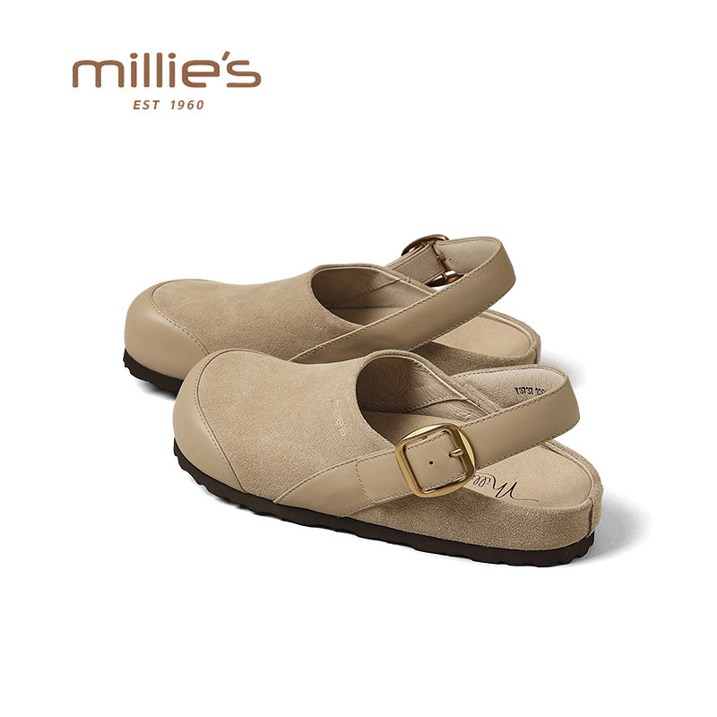 妙丽真皮厚底灰色勃肯鞋女2026春季新款外穿包头拖鞋百搭圆头单鞋