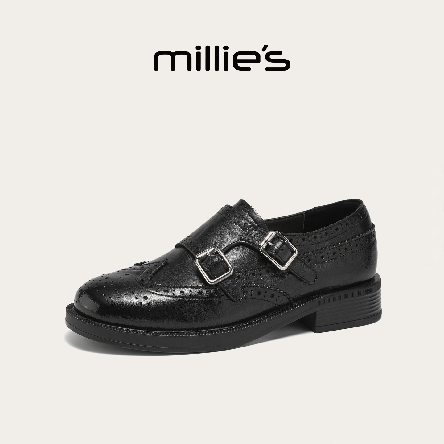 MILLIE'S/妙丽黑色乐福鞋女2026春季新款休闲皮鞋一脚蹬牛皮单鞋