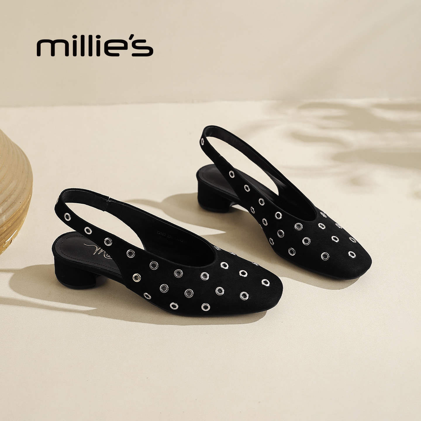 MILLIE'S/妙丽优雅风黑色尖头平底后绊带凉鞋女时尚百搭气质鞋