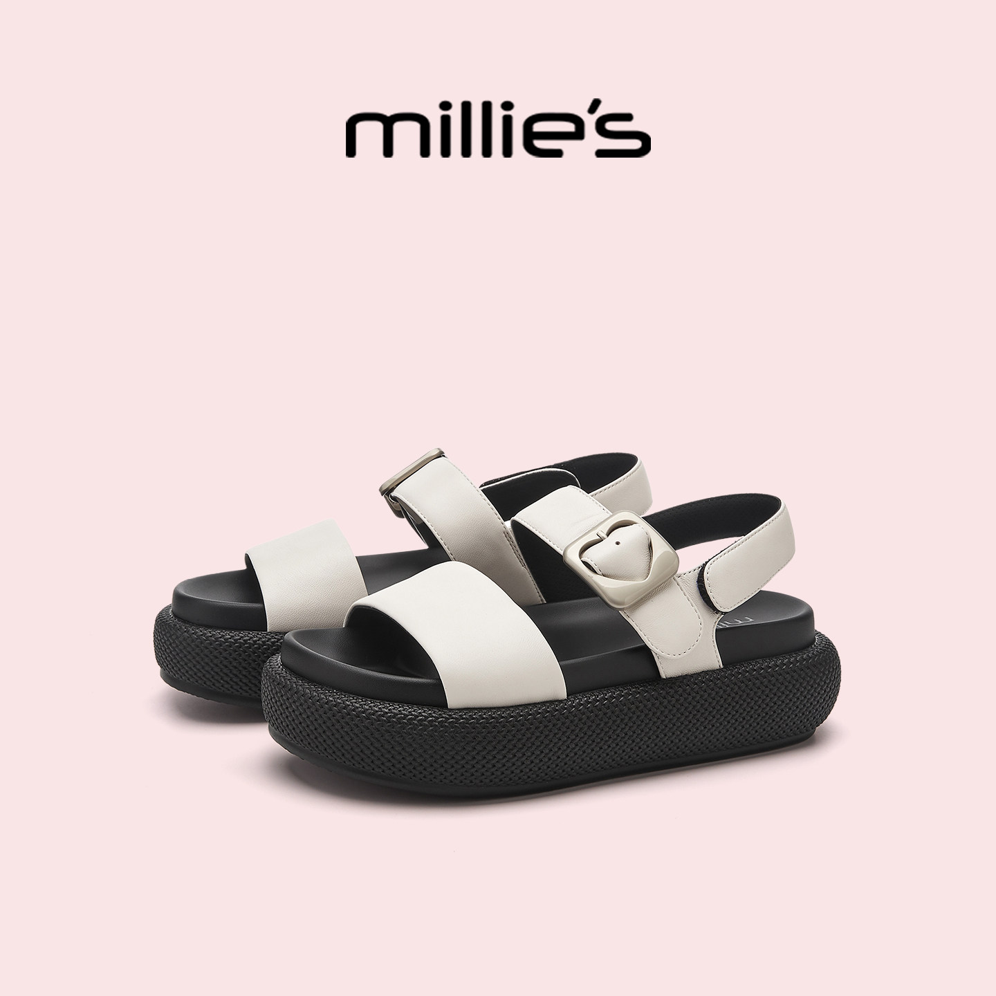 MILLIE'S/妙丽厚底踩屎感凉鞋女夏季2026新款外穿真皮白色高级感