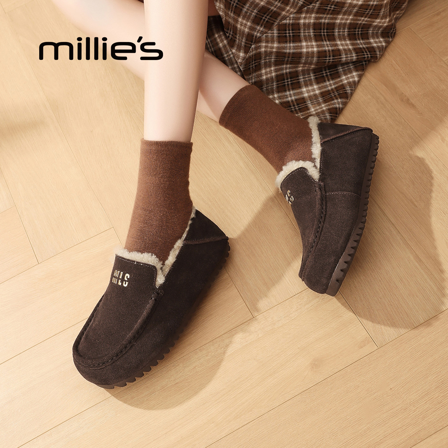 MILLIE'S/妙丽保暖懒人鞋2025新款冬季加绒乐福鞋全包女款勃肯鞋
