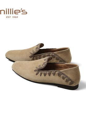 妙丽真皮平底复古灰色勃肯鞋女2026春季新款超火一脚蹬豆豆乐福鞋