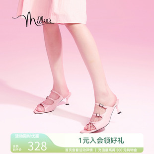 高跟鱼嘴气质优雅温柔风小猫跟凉鞋 妙丽穆勒拖2025夏季 女LSJ02BT4