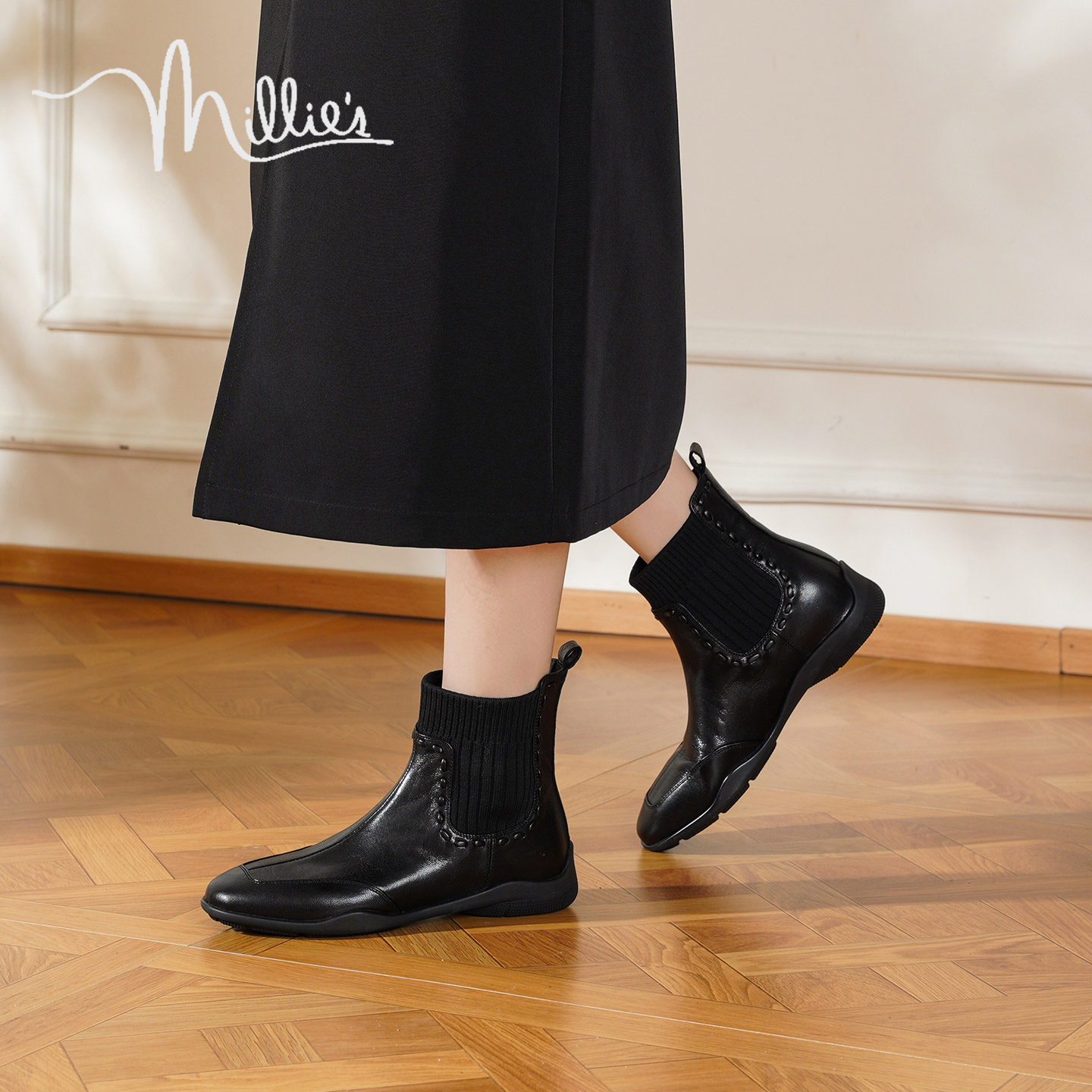 MILLIE'S/妙丽切尔西靴女新款真皮靴子女冬季加绒圆头短靴瘦瘦靴
