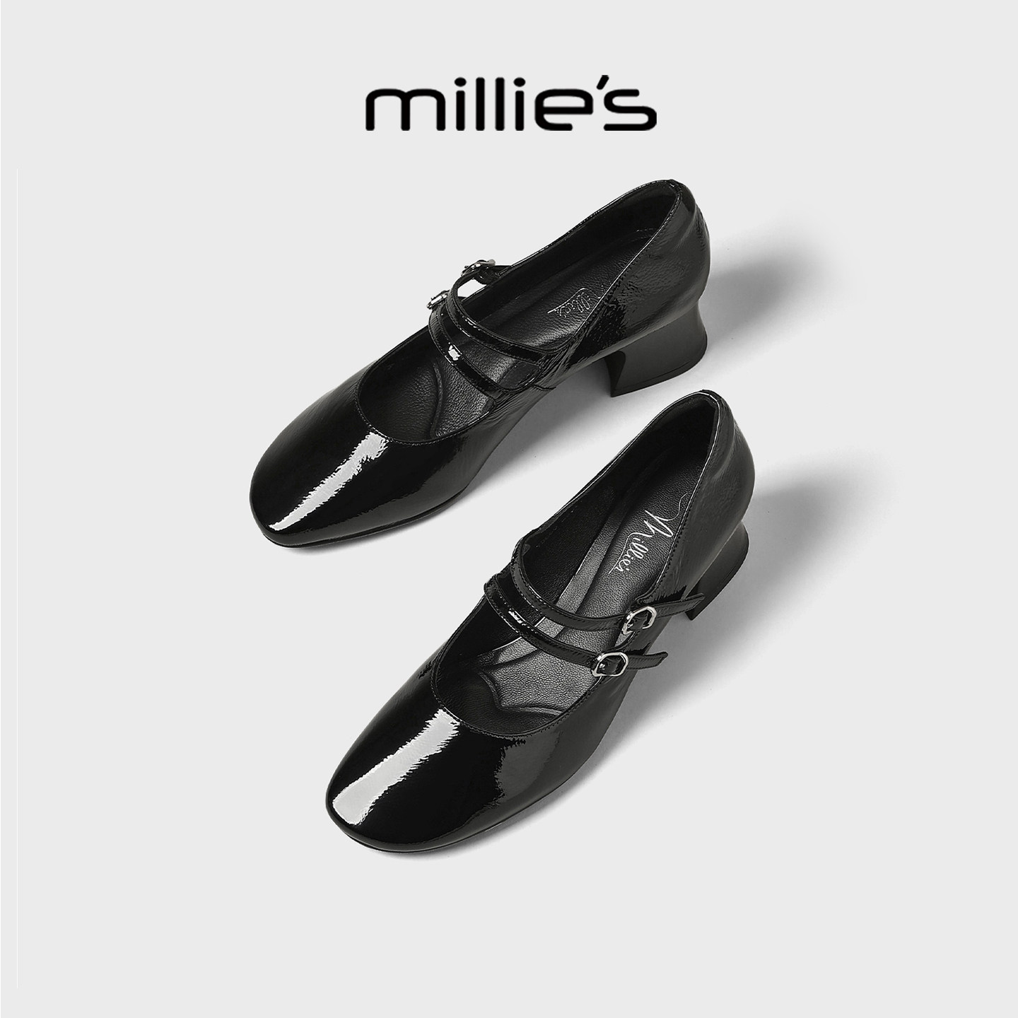 MILLIE'S/妙丽法式高跟单鞋女巨好看粗跟不累脚通勤黑色玛丽珍鞋