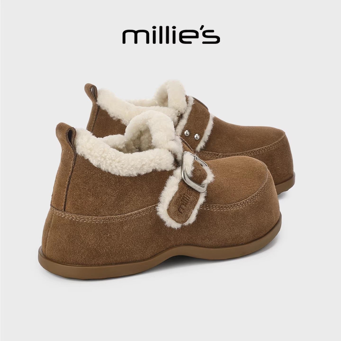 MILLIE'S/妙丽加绒保暖毛毛鞋麂皮乐福鞋女款冬季厚底勃肯鞋棉鞋,女鞋,棉鞋,淘宝优惠券,粉丝福利购,淘宝优惠卷