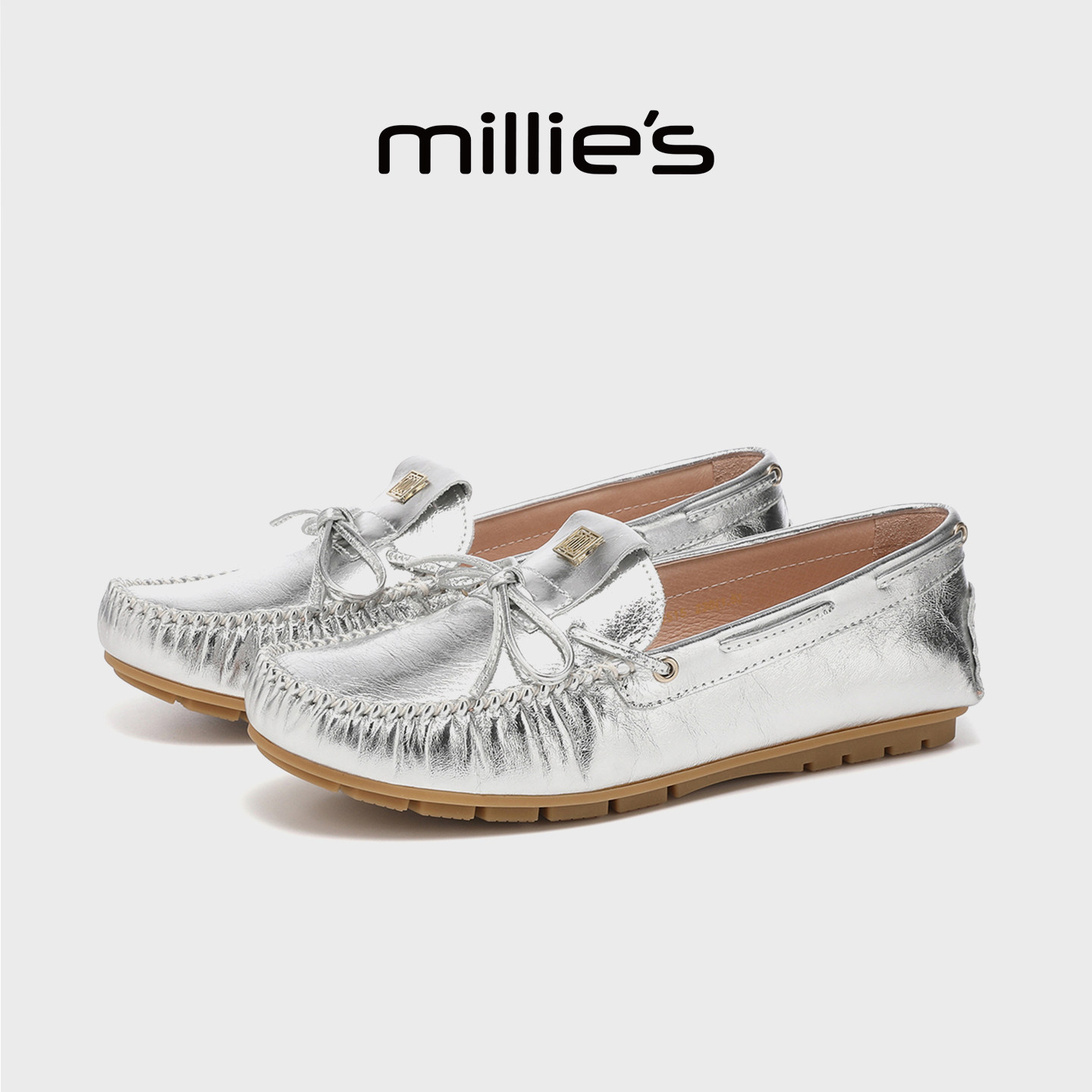 MILLIE'S/妙丽银色老钱风乐福鞋女款真皮平底一脚蹬软底豆豆单鞋