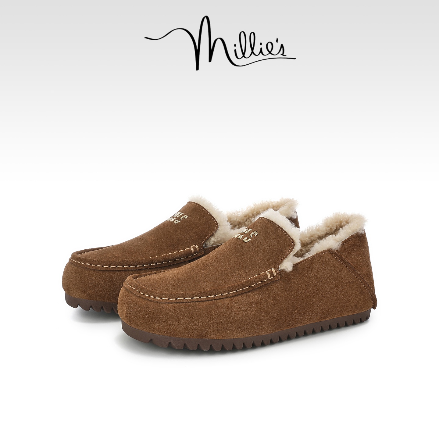 MILLIE'S/妙丽内增高复古乐福鞋女冬季款皮毛一体轻便加绒毛毛鞋