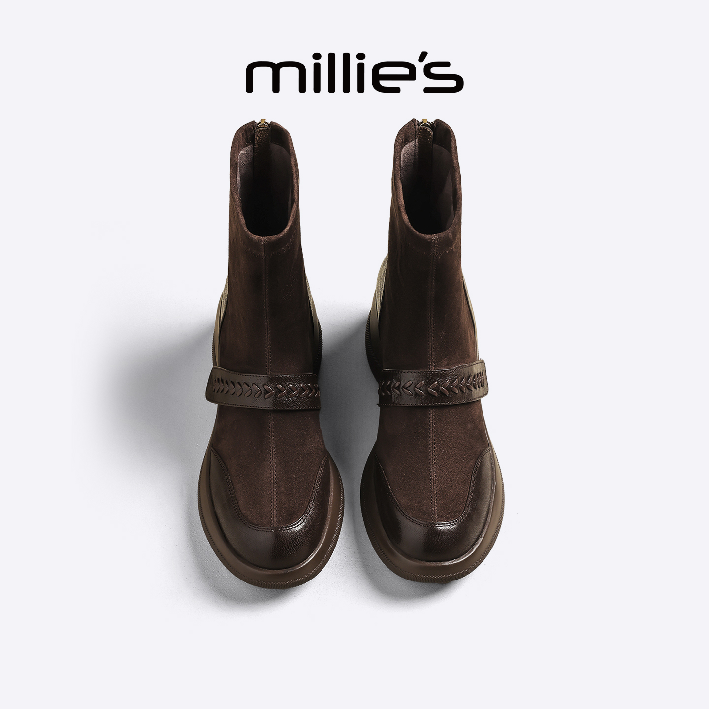 MILLIE'S/妙丽厚底增高马丁靴女鞋新款短靴加绒尖头靴子女瘦瘦靴