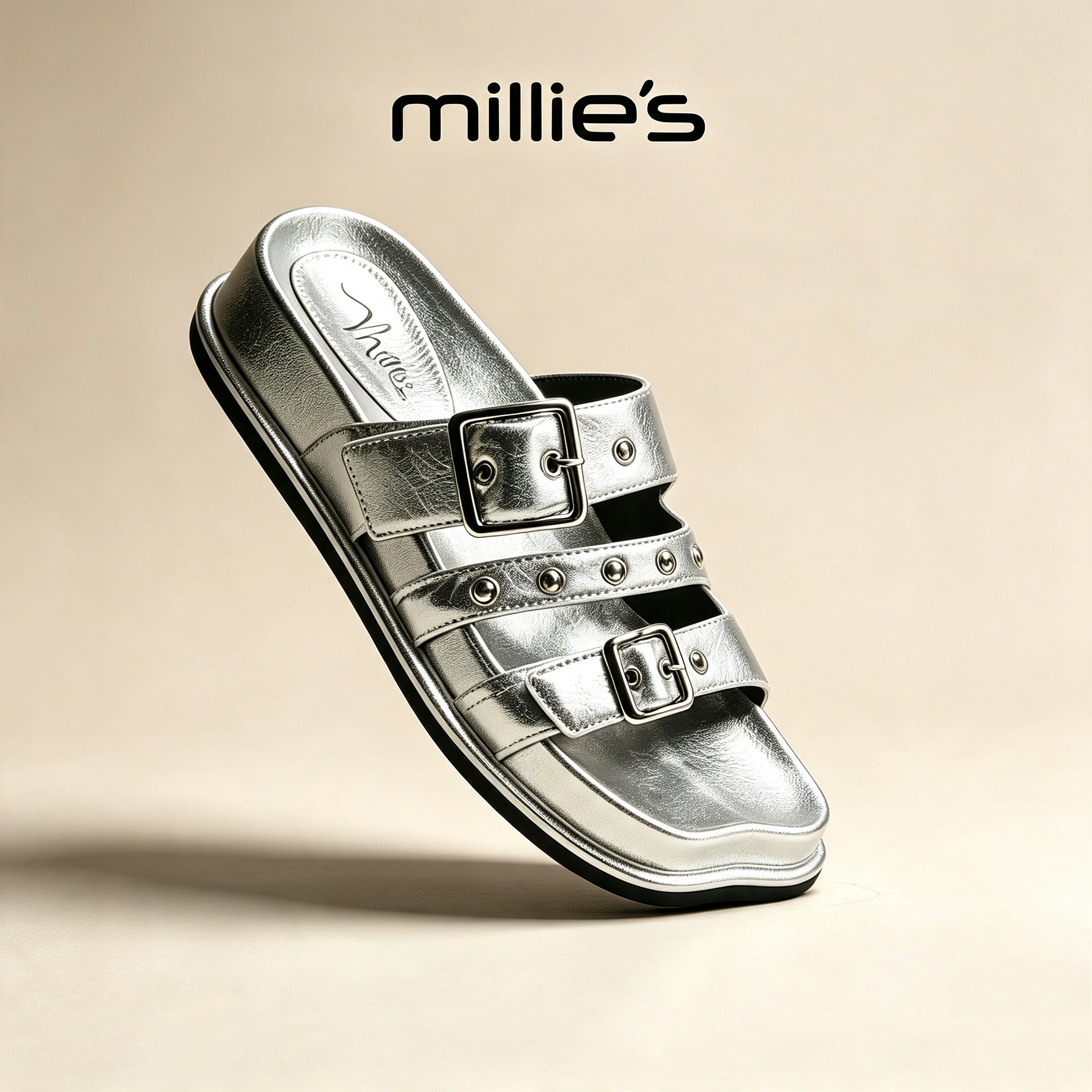 MILLIE'S/妙丽官方旗舰店双扣带一字拖女时尚铆钉厚底凉拖鞋外穿C - 实物图