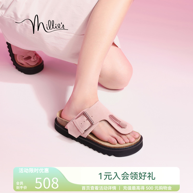 妙丽自由沙漠拖鞋2025夏新款时尚金属扣软木夹脚人字拖女A0783BT4