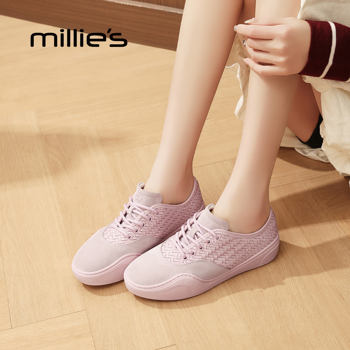 MILLIE'S/妙丽简约编织德训鞋女春季新款粉色平底轻便运动休闲鞋,女鞋,时尚休闲鞋,淘宝优惠券,粉丝福利购,淘宝优惠卷