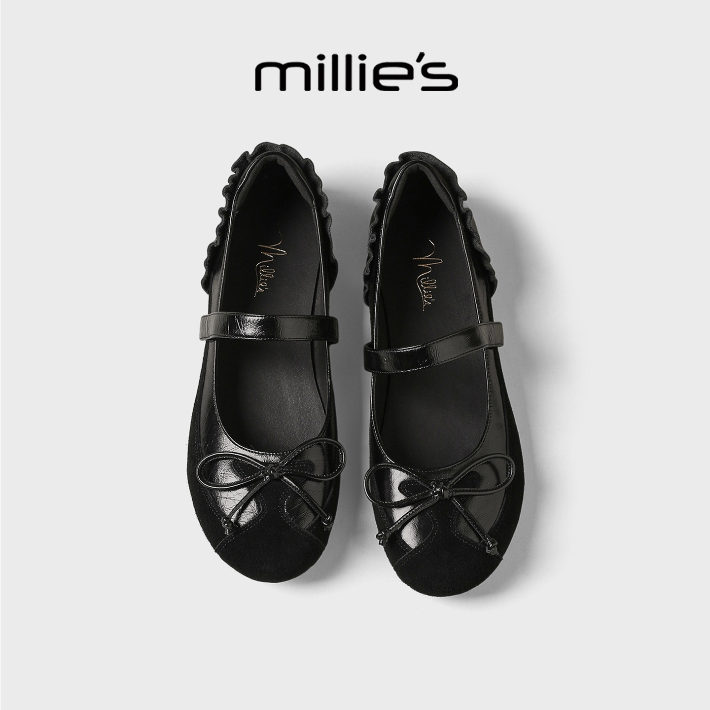 MILLIE'S/妙丽黑色玛丽珍鞋女款真皮软底不累脚平底芭蕾通勤单鞋