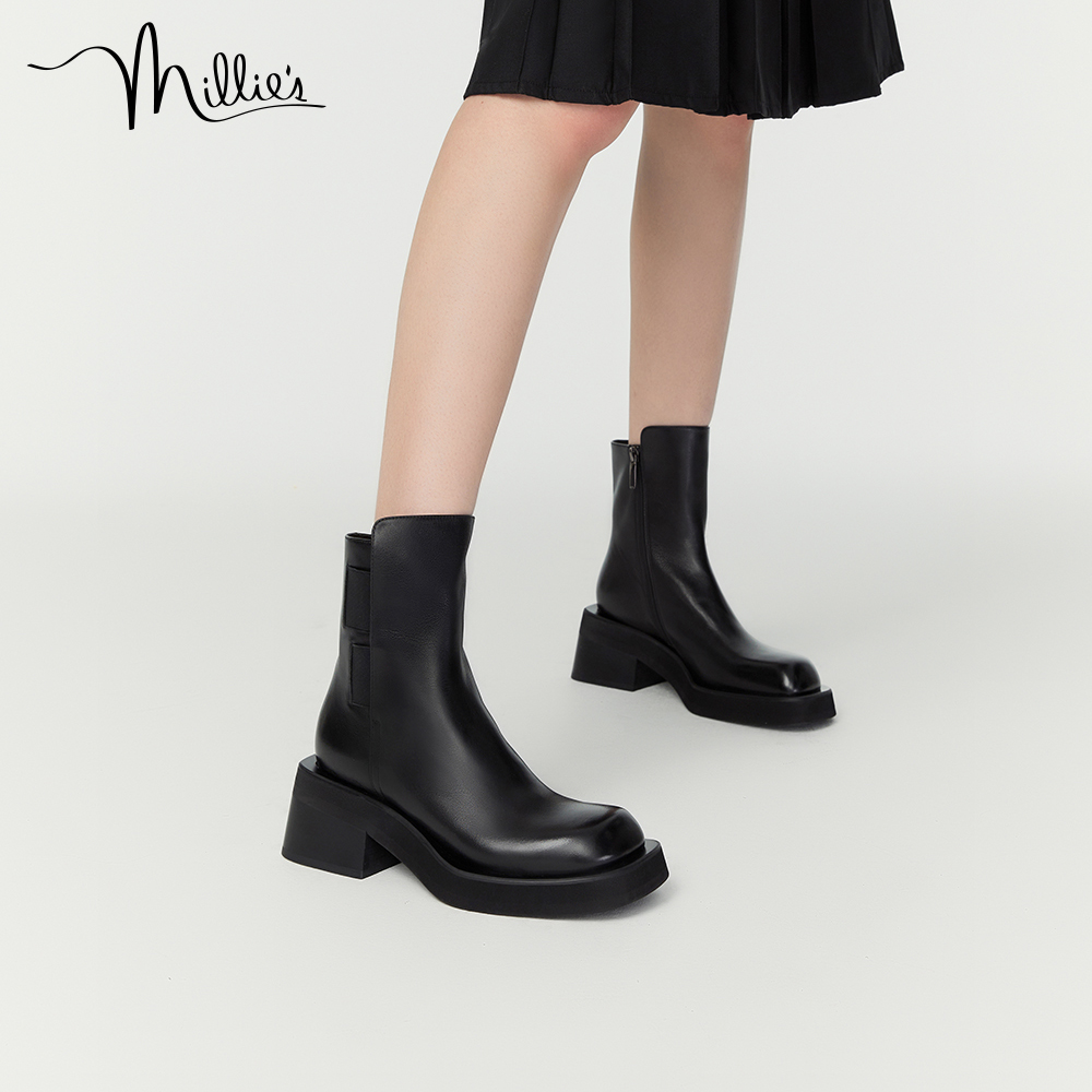 妙丽牛皮烟熏方跟切尔西靴