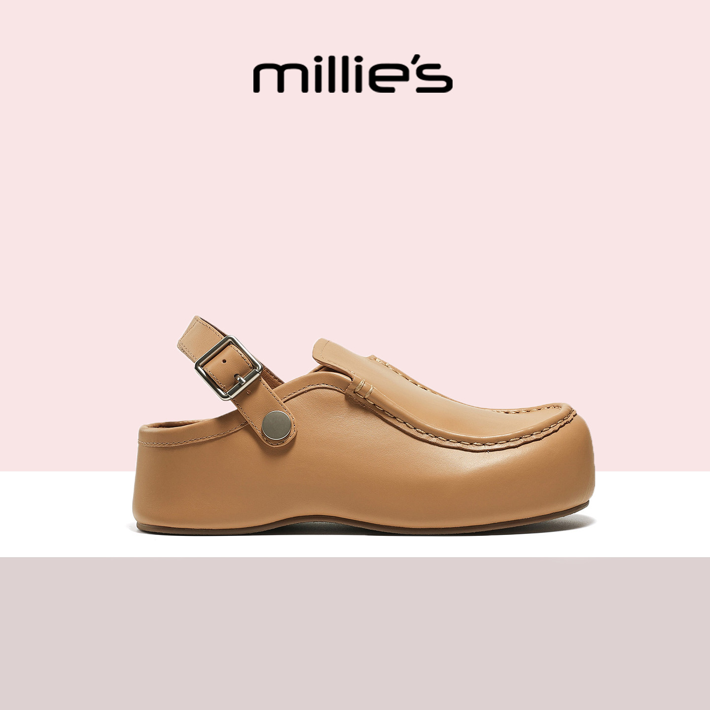 MILLIE'S/妙丽勃肯鞋女春季新款厚底增高包头半拖鞋外穿软底百搭