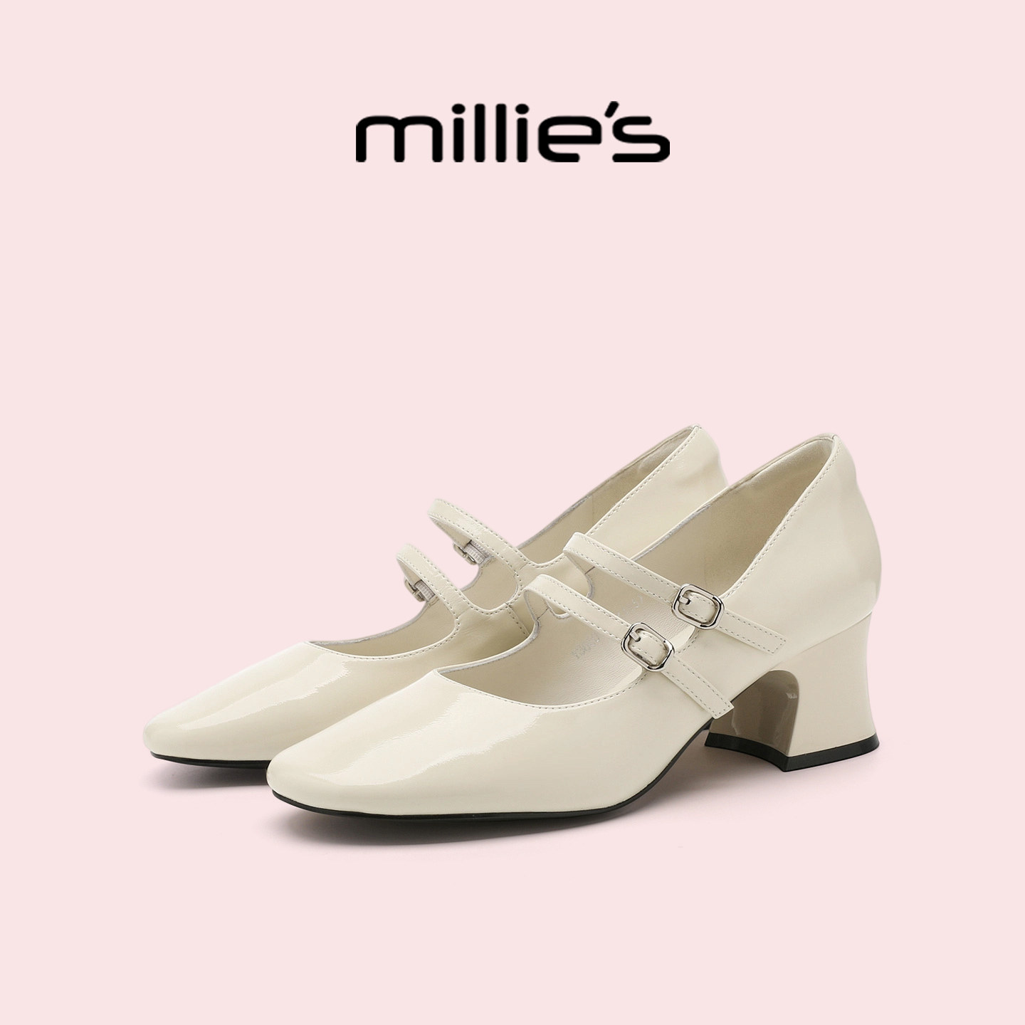MILLIE'S/妙丽高跟白色玛丽珍鞋女2026新款粗跟百搭真皮小皮单鞋