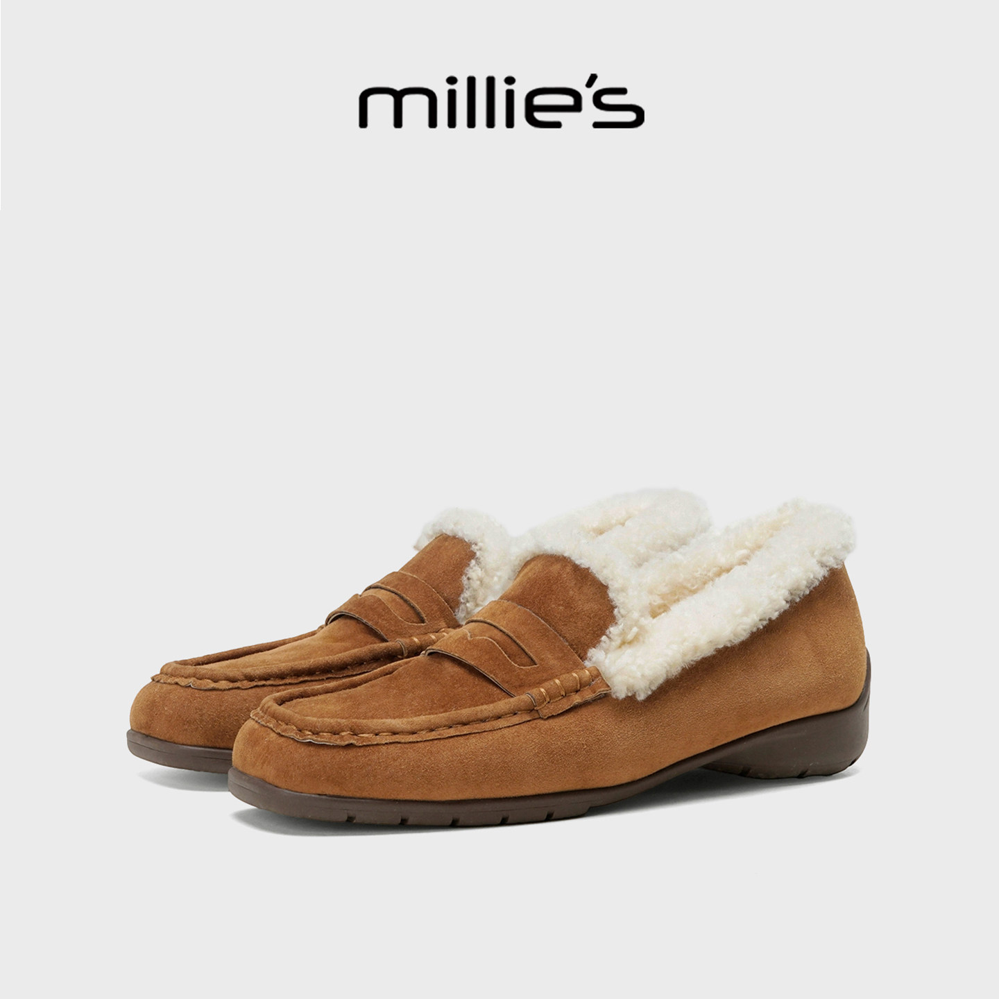 MILLIE'S/妙丽复古加绒英伦乐福鞋女款冬季豆豆棉鞋一脚蹬毛毛鞋